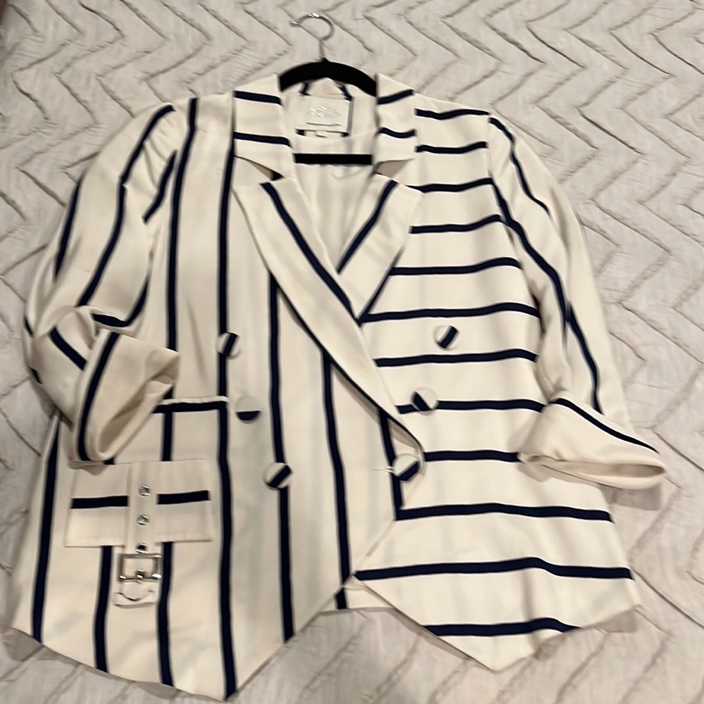 Madison Marcus navy white striped Nautical silk blazer